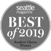 A circular badge with "Seattle magazine BEST of 2019 Readers' Choice Winner" inscribed on it.
