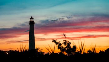 A lighthouse stands tall against a vibrant sunset sky with silhouettes of plants and trees in the foreground, creating a serene scene.