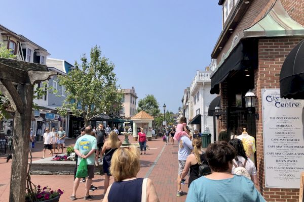 A bustling pedestrian street with people walking and shopping, surrounded by quaint shops and greenery, under a clear blue sky.