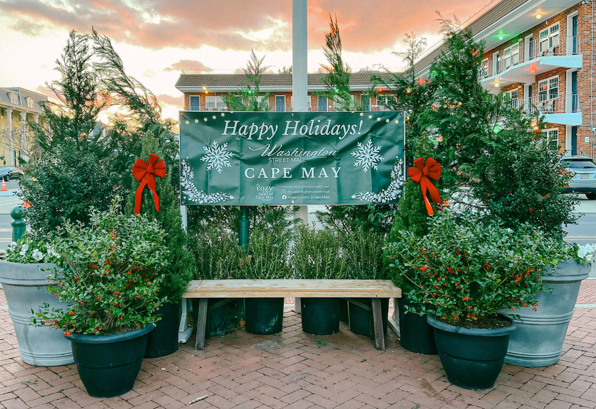 A festive greeting sign with "Happy Holidays! Cape May" surrounded by potted plants and red bows in a city setting.