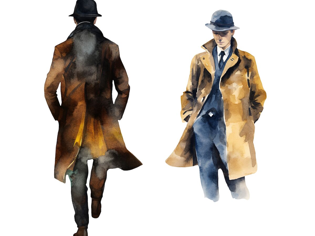 Two watercolor illustrations of men in trench coats and hats, one facing forward and the other walking away.