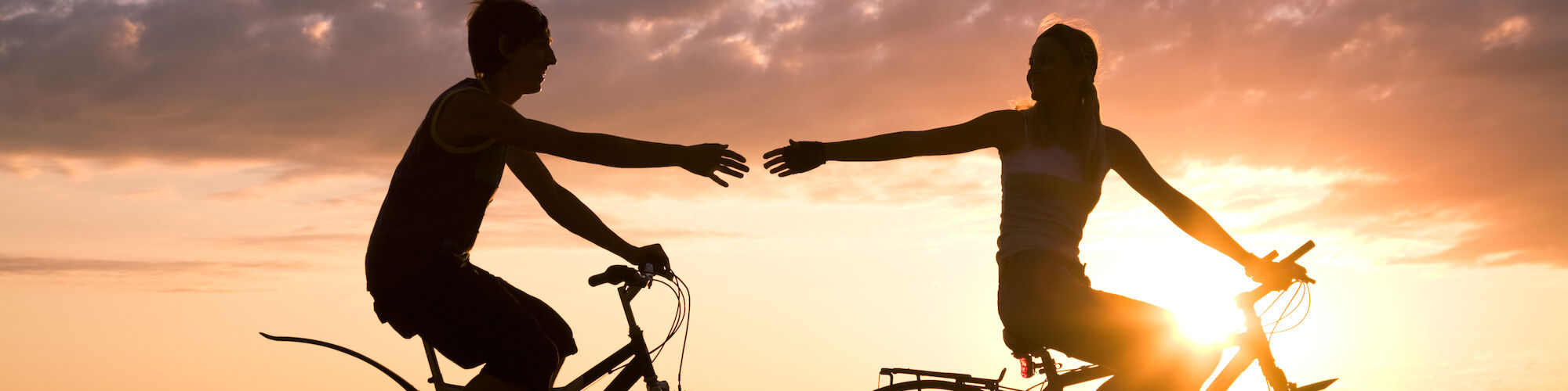 Two people on bicycles reaching out to each other, silhouetted against a sunset by the water.